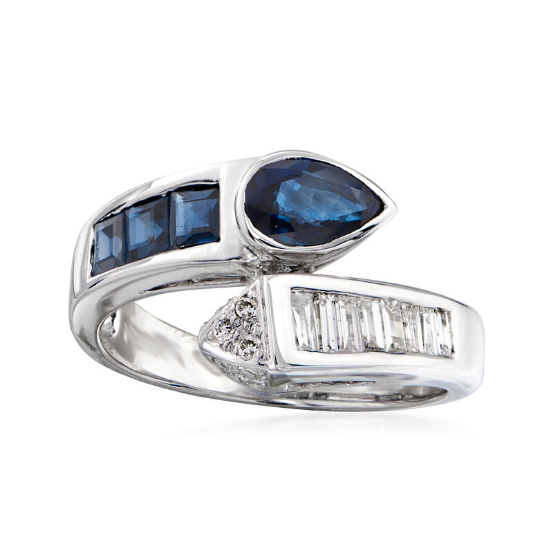 C. 1990 Vintage 1.10 ct. t.w. Sapphire and .47 ct. t.w. Diamond Bypass Ring in 18kt White Gold. Size 7 image number 0