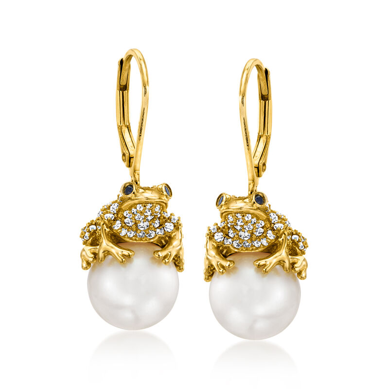 9.5-10mm Cultured Pearl and 1.50 ct. t.w. White Topaz Frog Drop Earrings with Sapphires in 18kt Gold Over Sterling image number 0