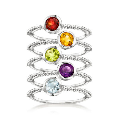 1.60 ct. t.w. Multi-Gemstone Jewelry Set: Five Beaded Rings in Sterling Silver