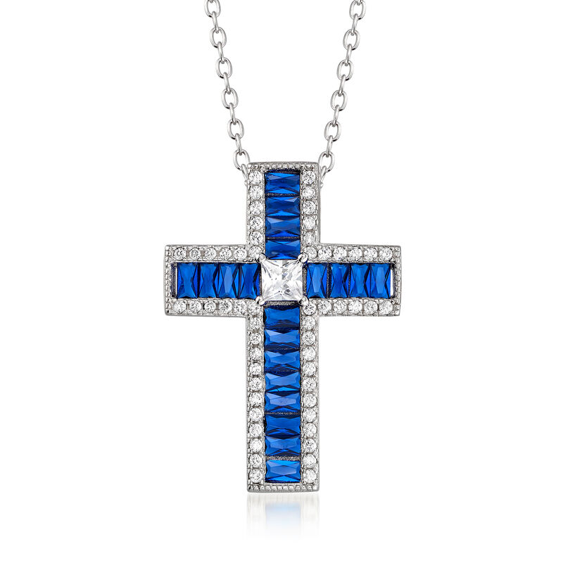 .40 ct. t.w. Simulated Sapphire and .40 ct. t.w. CZ Cross Pendant Necklace in Sterling Silver. 18&quot; image number 1