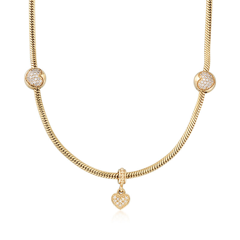 C. 2010 Vintage Pandora 1.15 ct. t.w. CZ Heart Bead Necklace with Diamond Accents in 14kt Gold. 16.5&quot; image number 0