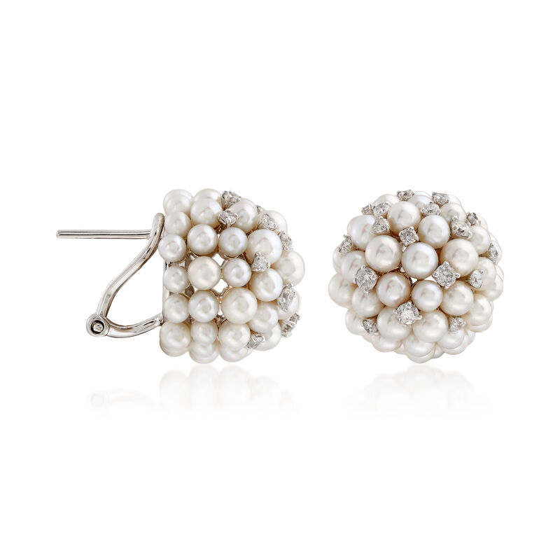Cultured Pearl and .69 ct. t.w. Diamond Cluster Earrings in 18kt White Gold image number 2