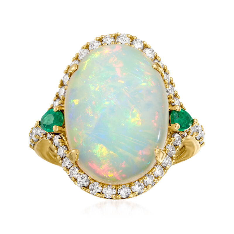 Opal, .88 ct. t.w. Diamond and .30 ct. t.w. Emerald Ring in 14kt Yellow Gold image number 0