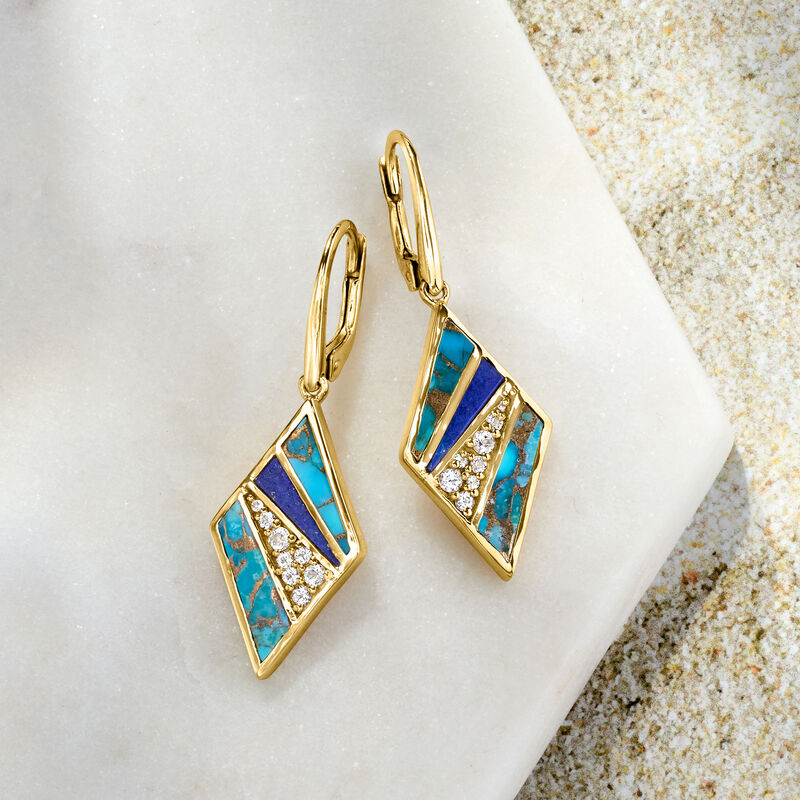 Turquoise, Lapis and .30 ct. t.w. White Topaz Geometric Drop Earrings in 18kt Gold Over Sterling  image number 2
