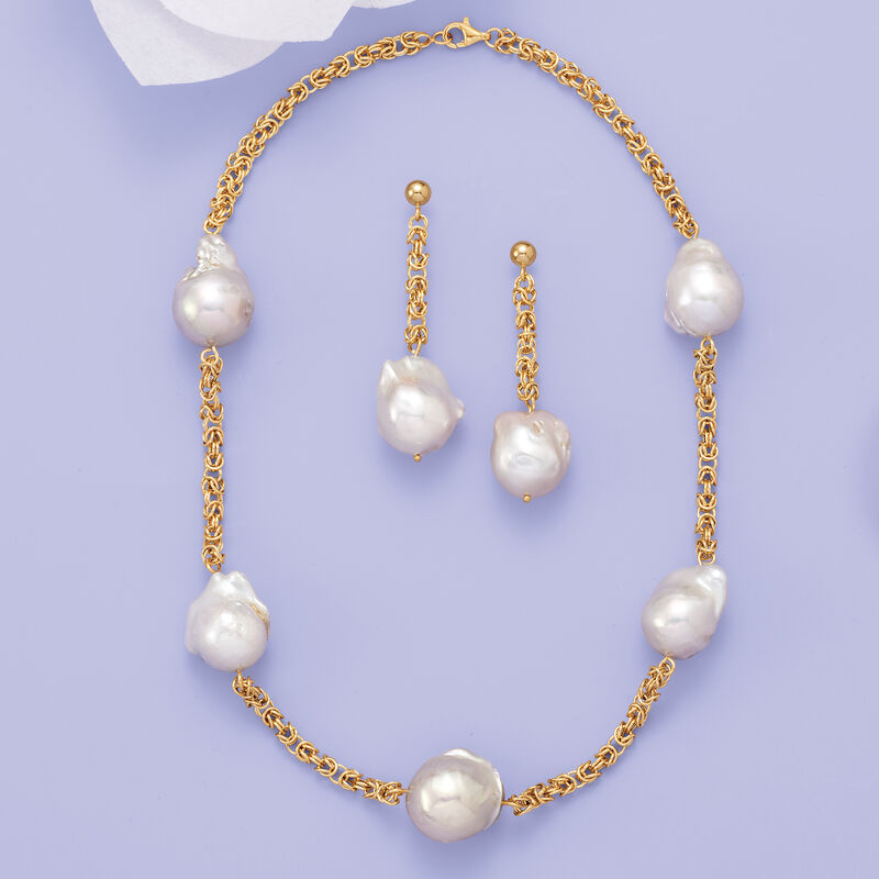 14-16mm Cultured Baroque Pearl and 14kt Yellow Gold Byzantine Station Necklace image number 2