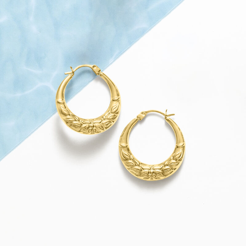 14kt Yellow Gold Floral Hoop Earrings. 7/8&quot; image number 3