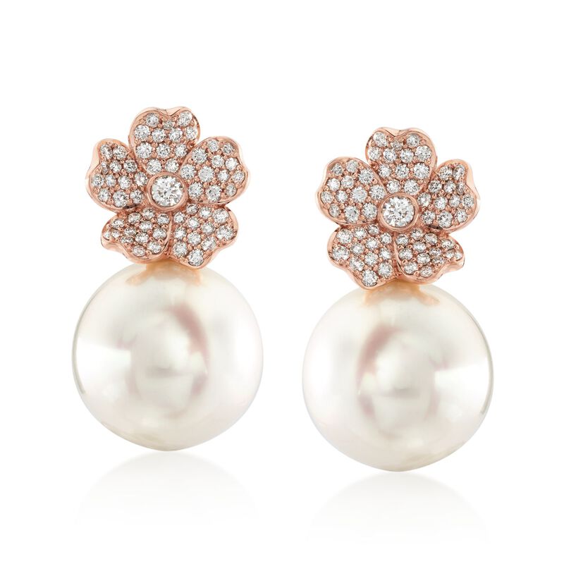 Mikimoto &quot;Cherry Blossom&quot; 11mm A+ South Sea Pearl and .45 ct. t.w. Diamond Floral Earrings in 18kt Rose Gold image number 0