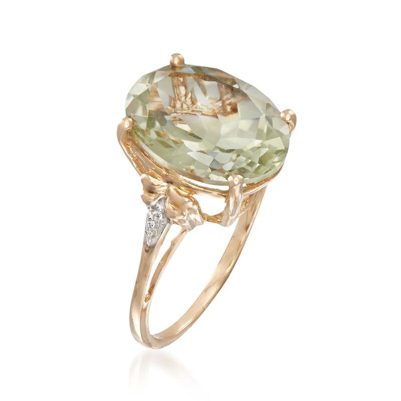4.50 Carat Green Prasiolite Ring with Diamond Accents in 14kt Yellow Gold image number 2