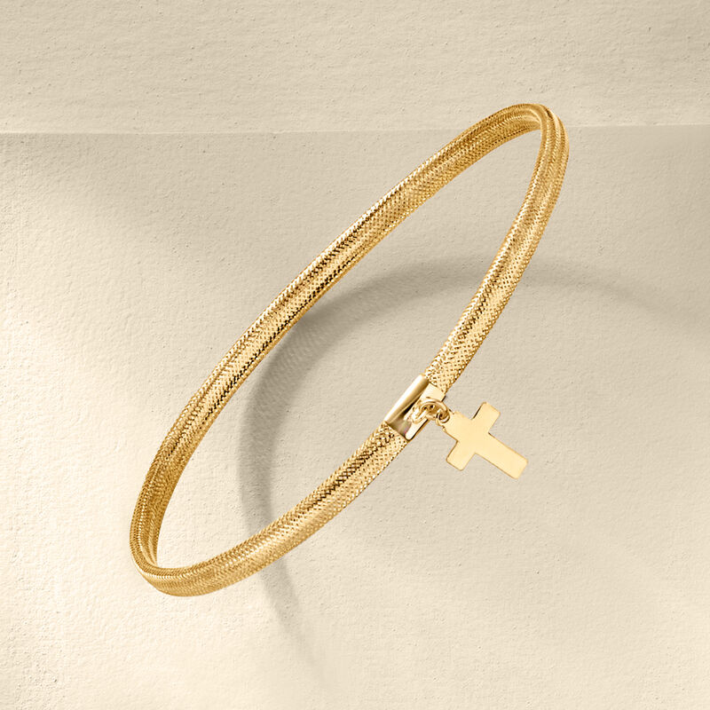 Italian 14kt Yellow Gold Cross Charm Mesh Bracelet image number 2