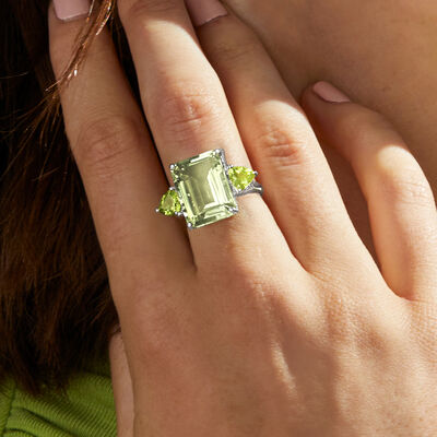 11.00 Carat Emerald-Cut Prasiolite and 1.40 ct. t.w. Peridot Ring in Sterling Silver