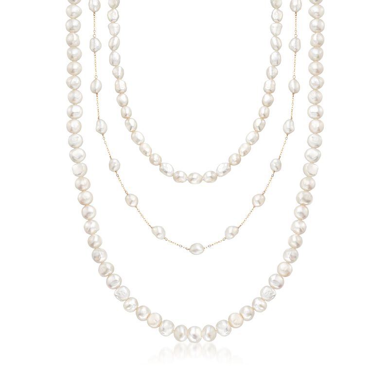7-10mm Cultured Semi-Baroque Pearl Jewelry Set: Three Endless Necklaces with 14kt Yellow Gold. 24-36&quot; image number 0