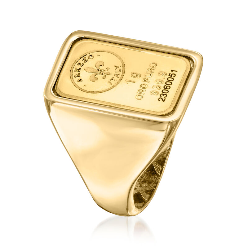 Italian 24kt Gold Fleur-De-Lis One-Gram Ingot Signet Ring with 14kt Yellow Gold Band. Size 8