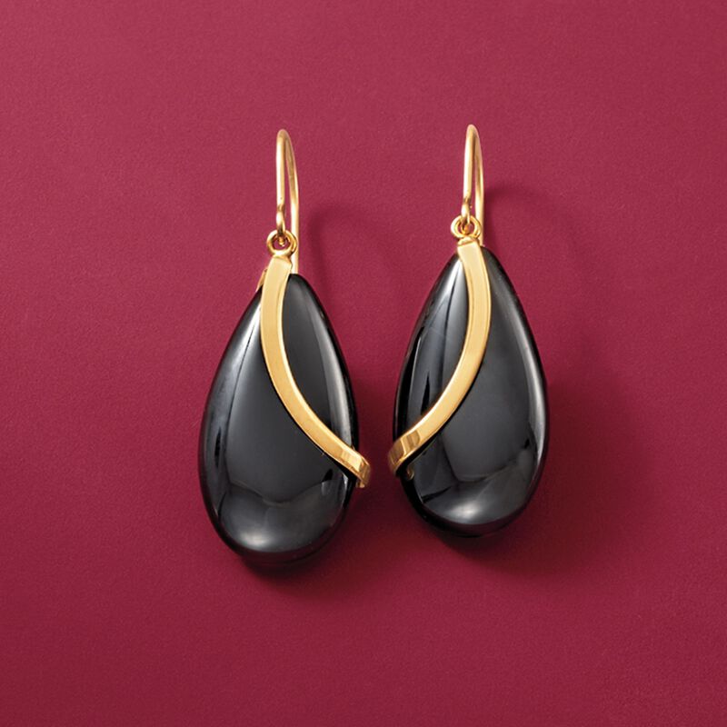 Pear-Shaped Onyx Drop Earrings in 14kt Yellow Gold. Earwire Earrings image number 2