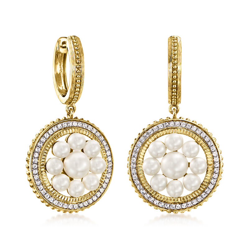 3.5-6mm Cultured Pearl and .40 ct. t.w. White Topaz Drop Earrings in 18kt Gold Over Sterling image number 2