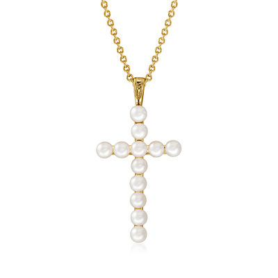 3.5-4mm Cultured Pearl Cross Pendant Necklace in 18kt Gold Over Sterling