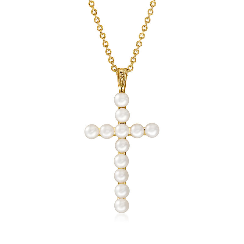 3.5-4mm Cultured Pearl Cross Pendant Necklace in 18kt Gold Over Sterling. 18" image number 1