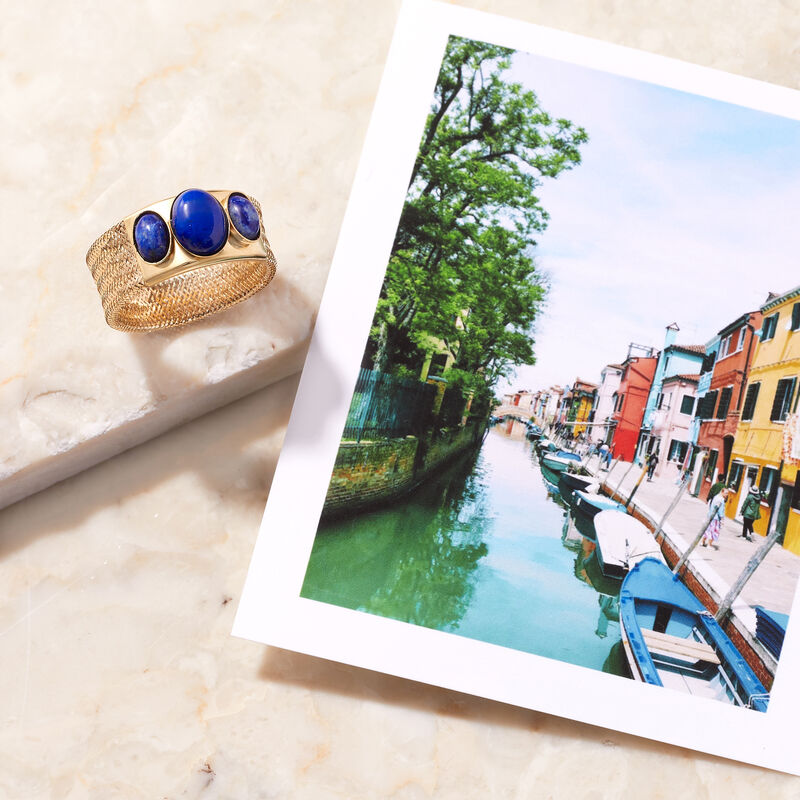 Italian Lapis Three-Stone Mesh Ring in 14kt Yellow Gold image number 3