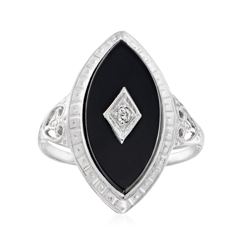 C. 1950 Vintage Black Onyx Ring with Diamond Accents in 14kt White Gold image number 0