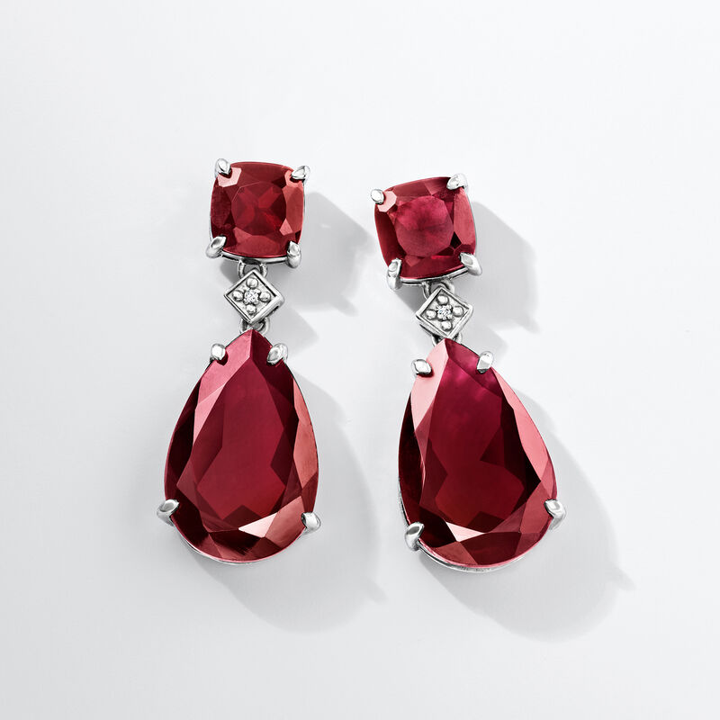 25.00 ct. t.w. Garnet Drop Earrings with Diamonds in Sterling Silver  image number 3