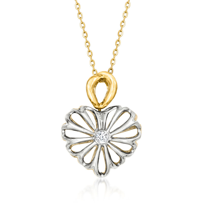 C. 1990 Vintage .16 ct. t.w. Diamond Double-Sided Heart Pendant Necklace in 18kt Two-Tone Gold. 18" image number 2