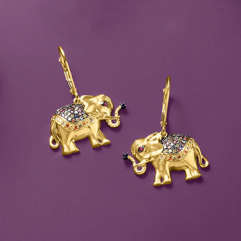 .60 ct. t.w. Multicolored Sapphire and .20 ct. t.w. Ruby Elephant Drop Earrings in 18kt Gold Over Sterling image number 3