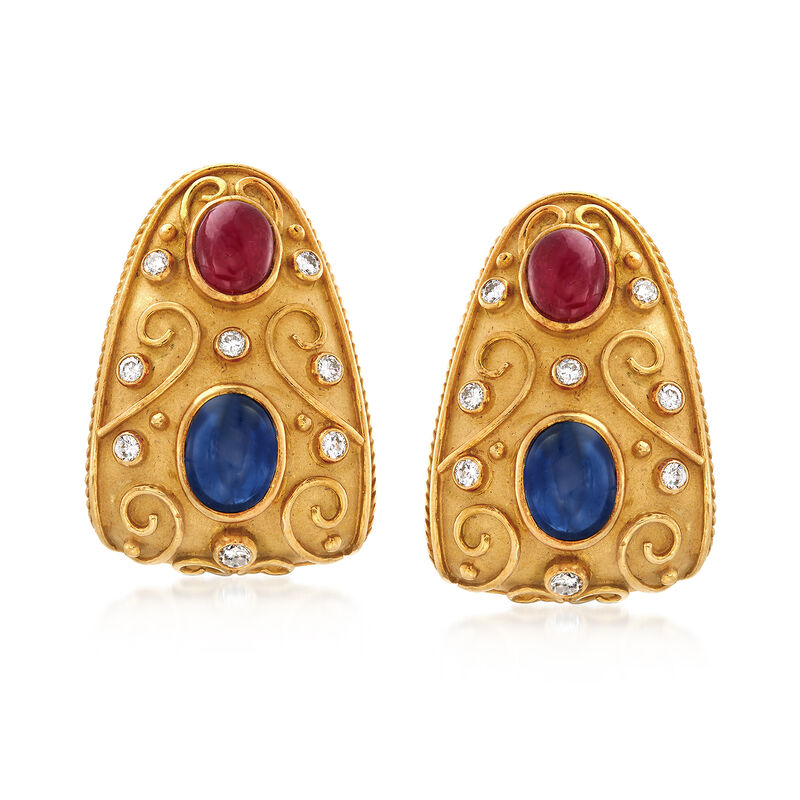 C. 1980 Vintage 5.20 ct. t.w. Sapphire and 2.70 ct. t.w. Ruby Earrings with Diamonds in 18kt Yellow Gold image number 0