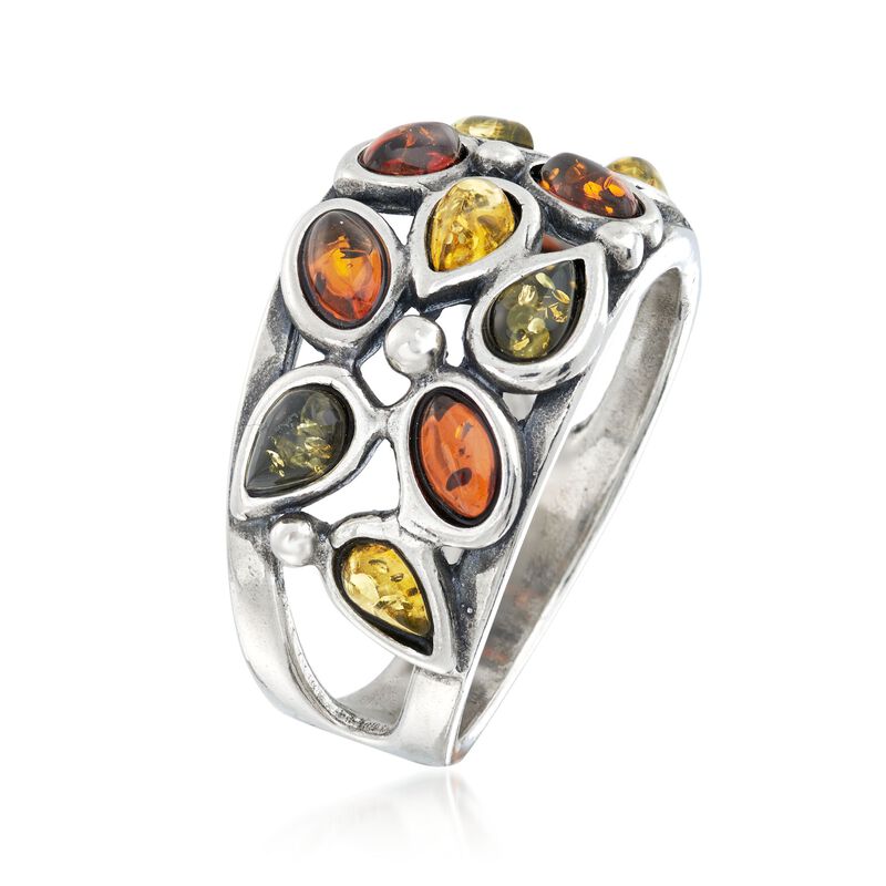 Oval and Pear-Shaped Tonal Amber Cluster Ring in Sterling Silver image number 2