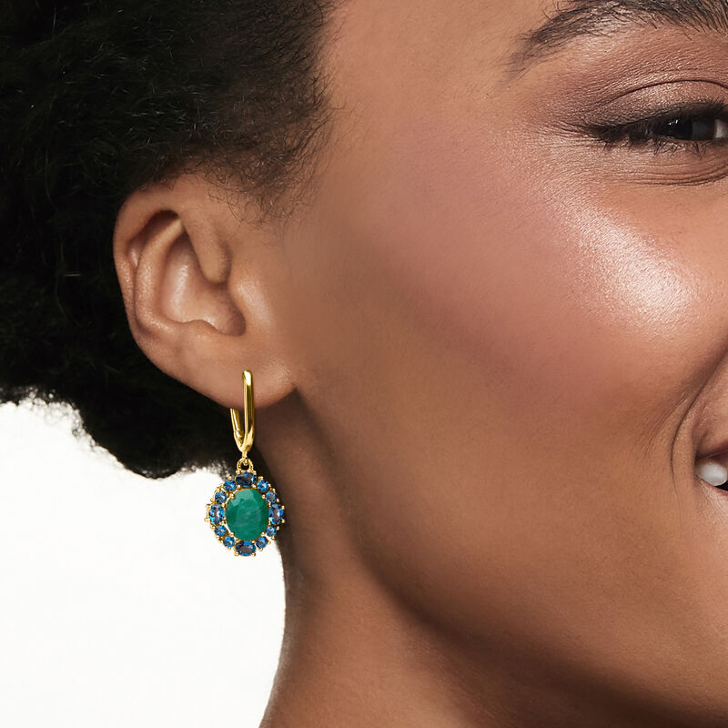 5.50 ct. t.w. Emerald and 2.80 ct. t.w. London Blue Topaz Drop Earrings in 18kt Gold Over Sterling  image number 1