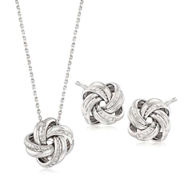 Italian Sterling Silver Jewelry Set: Love Knot Necklace and Earrings image number 0