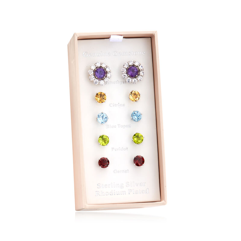 8.70 ct. t.w. Multi-Gemstone Jewelry Set: Five Pairs of Stud Earrings with Earring Jackets in Sterling Silver  image number 8