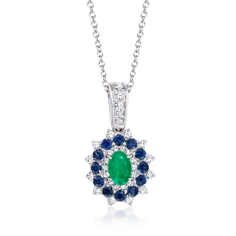 .50 Carat Emerald and .50 ct. t.w. Sapphire Pendant Necklace with .29 ct. t.w. Diamonds in 14kt White Gold. 18" image number 0
