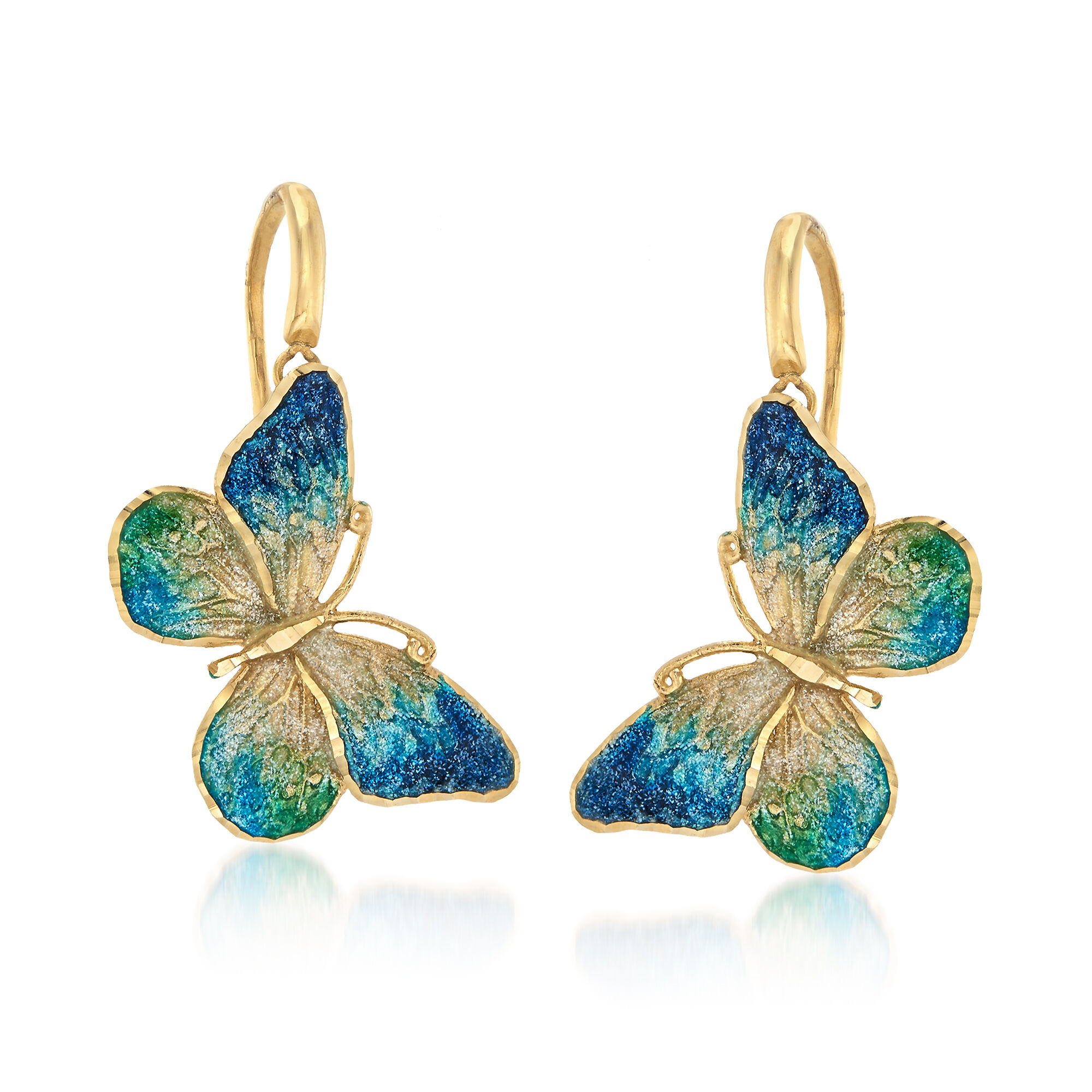 Italian Ceramic Blue and Green Butterfly Drop Earrings in 14kt Yellow Gold
