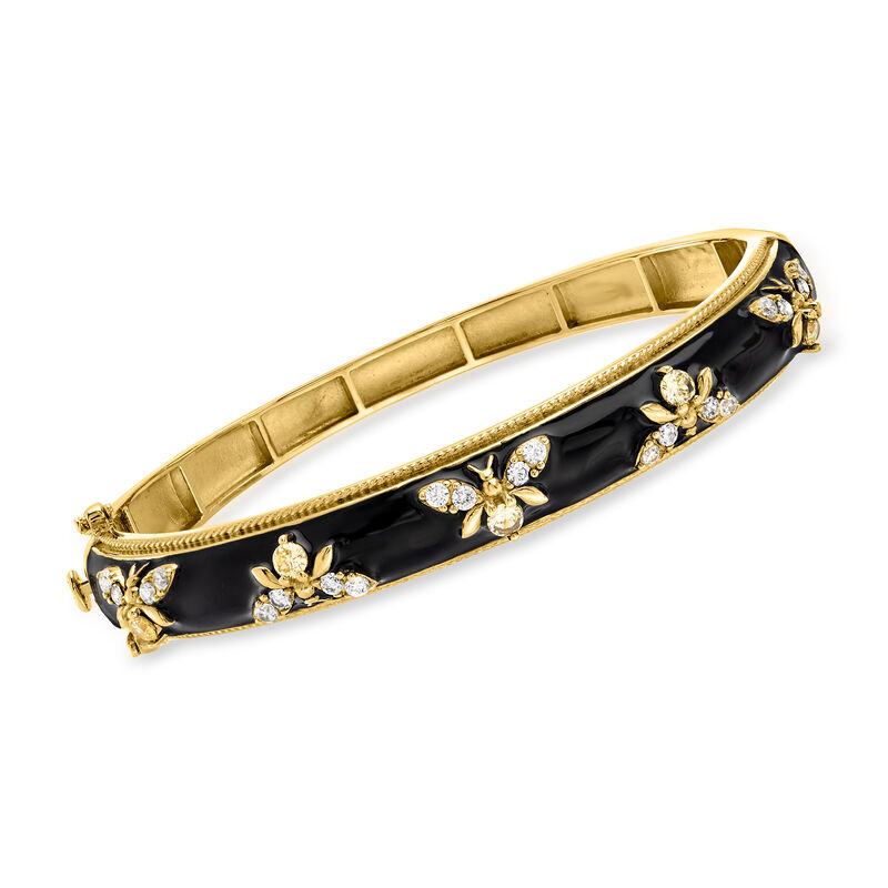 1.40 ct. t.w. White Topaz and Black Enamel Bumblebee Bangle Bracelet in 18kt Gold Over Sterling image number 0
