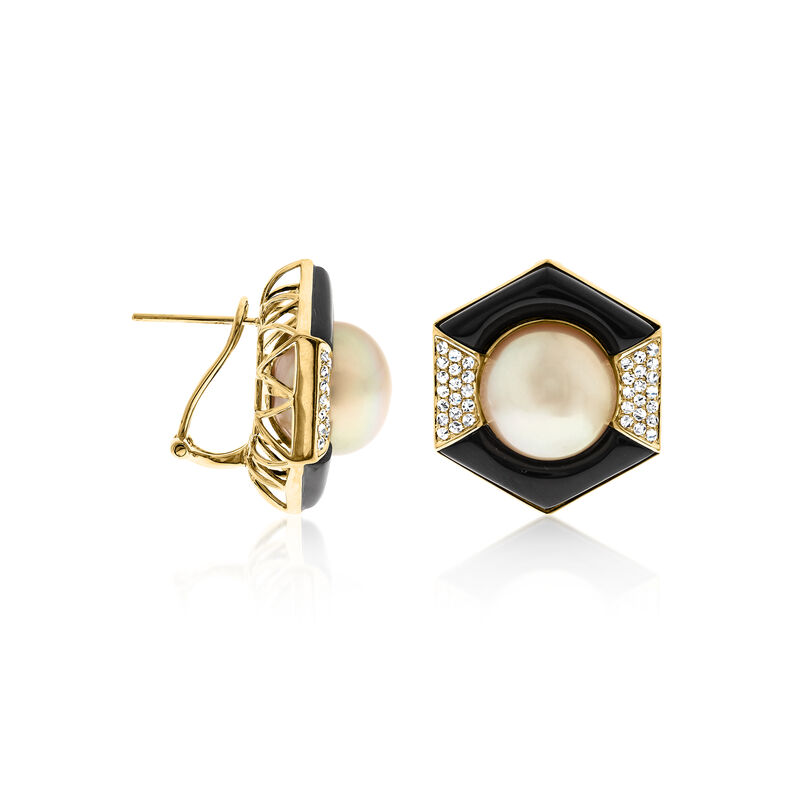 Onyx and 11-12mm Golden Cultured South Sea Pearl Earrings with .50 ct. t.w. Diamonds in 14kt Yellow Gold  image number 1