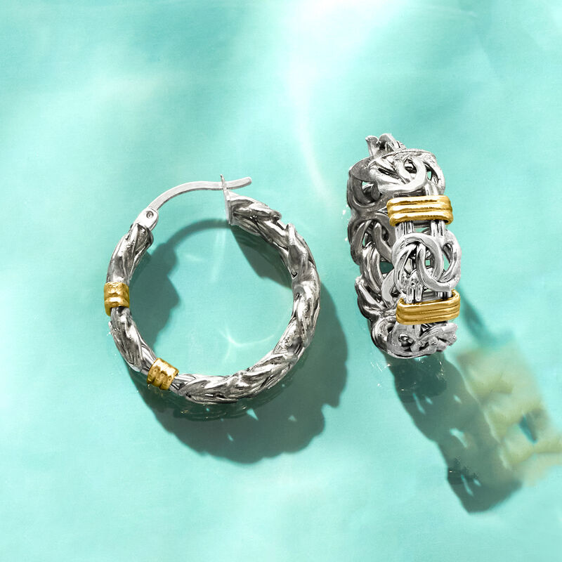 Sterling Silver and 14kt Yellow Gold Byzantine Station Hoop Earrings. 1 1/8&quot; image number 4