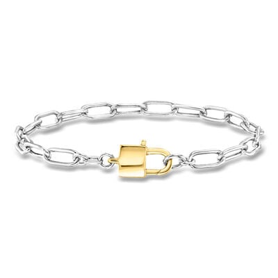 Italian Sterling Silver and 18kt Gold Over Sterling Paper Clip Link Padlock Bracelet