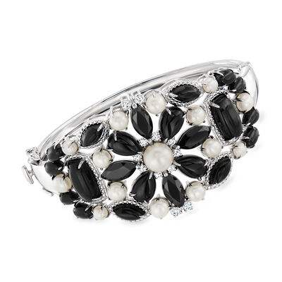 Onyx and .50 ct. t.w. White Topaz Bangle Bracelet with 3.5-7.5mm Cultured Pearls in Sterling Silver