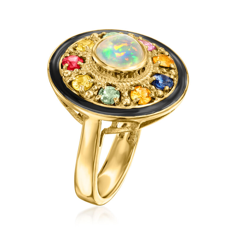 Opal and 1.20 ct. t.w. Multicolored Sapphire Circle Ring with Black Enamel in 18kt Gold Over Sterling image number 2