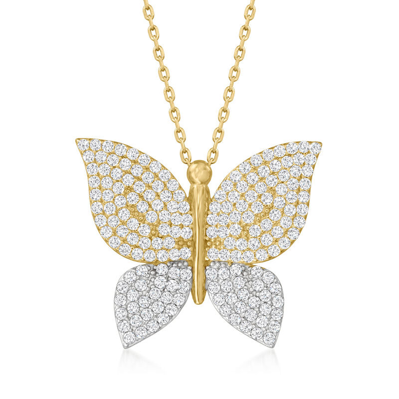 1.60 ct.. t.w. CZ Butterfly Pendant Necklace in 18kt Gold Over Sterling image number 0