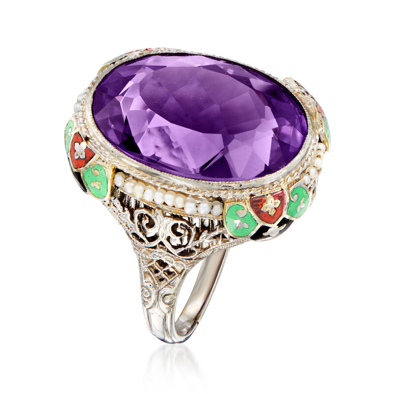 C. 1950 Vintage 14.50 Carat Amethyst and Seed Pearl Ring with Multicolored Enamel in 14kt White Gold. Size 6