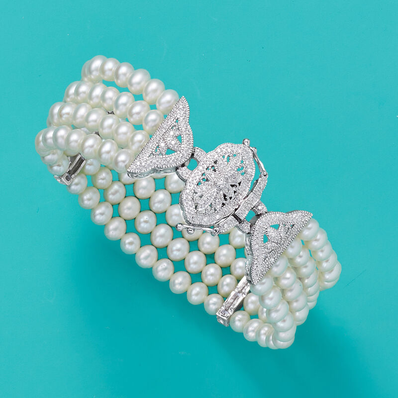 4.5-5mm Cultured Pearl and .15 ct. t.w. Diamond Multi-Strand Bracelet in Sterling Silver image number 4