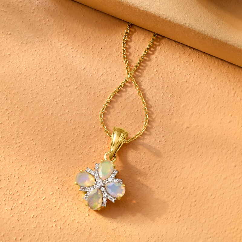 Ethiopian Opal and .18 ct. t.w. White Topaz Floral Pendant Necklace in 14kt Gold Over Sterling image number 2