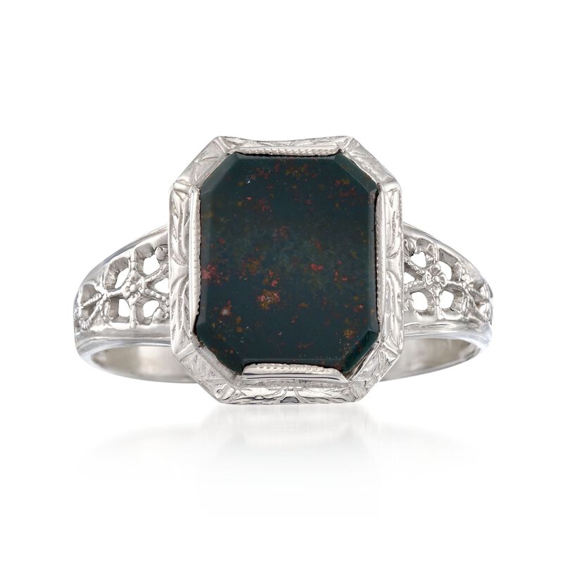 C. 1950 Vintage Bloodstone Floral Openwork Ring in 14kt White Gold. Size 7 image number 0