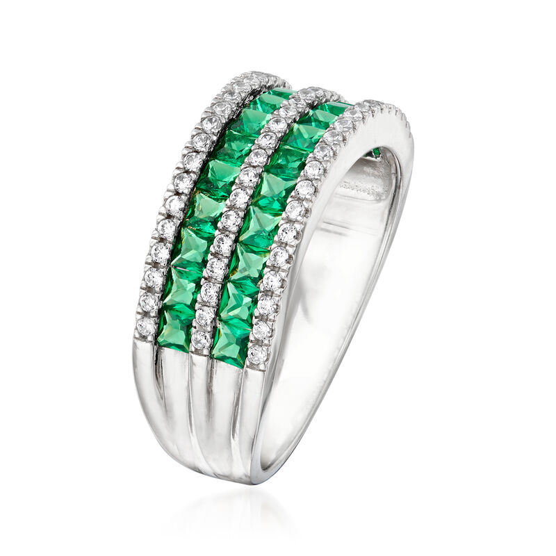 1.20 ct. t.w. Simulated Emerald and .30 ct. t.w. CZ Double-Row Ring in Sterling Silver image number 2