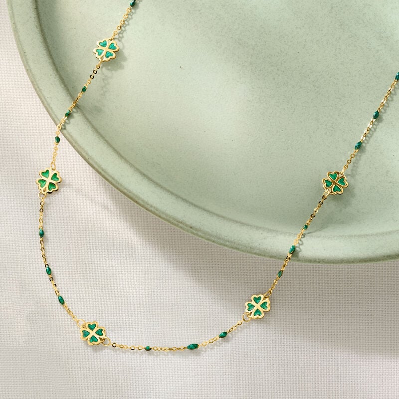 Italian Green Enamel Clover Station Necklace in 14kt Yellow Gold. 18" image number 2