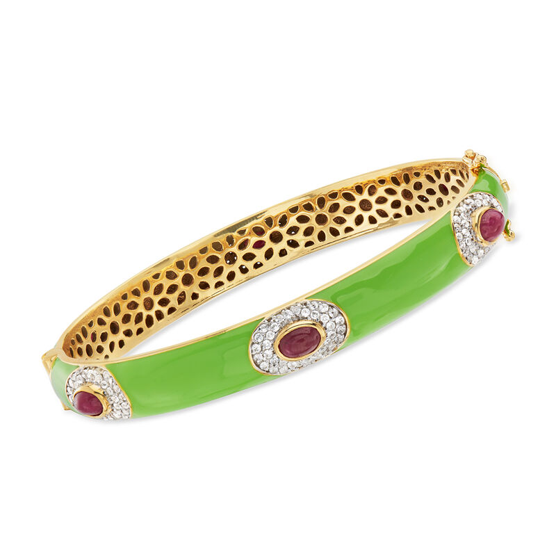Green Enamel, 3.70 ct. t.w. Ruby and 1.60 ct. t.w. White Zircon Bangle Bracelet in 18kt Gold Over Sterling image number 0