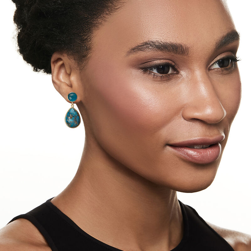 Turquoise and 3.60 ct. t.w. Blue Quartz Drop Earrings in 18kt Gold Over Sterling image number 1