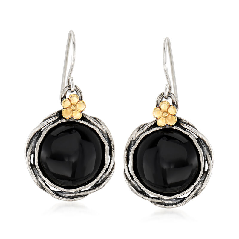 Black Onyx Floral Drop Earrings in Sterling Silver with 14kt Yellow Gold image number 0
