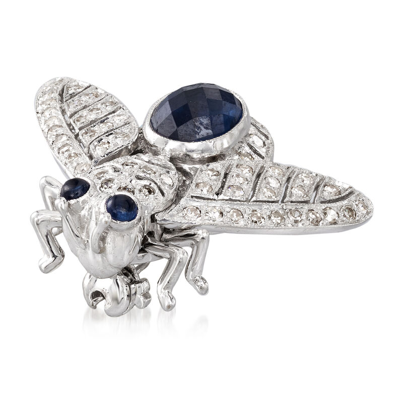 C. 1980 Vintage 1.50 ct. t.w. Sapphire and .70 ct. t.w. Diamond Bee Pin in 18kt White Gold image number 2