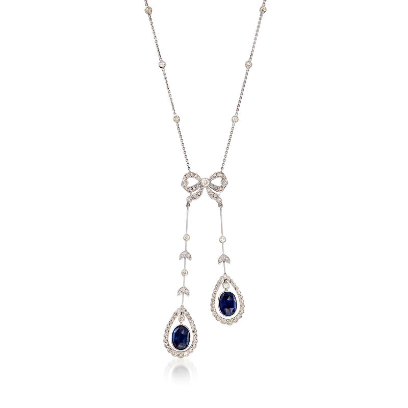 C. 2000 Vintage 2.60 ct. t.w. Sapphire and 1.40 ct. t.w. Diamond Bow Pendant Necklace in 18kt White Gold image number 0